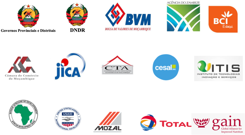 Logotipos: Governo Provinciais, DNDR, BVM, Agência do Zambeze, BCI, Câmara de comércio de Moçambique, JISCA, CTA, Cesal, ITIS, African Development Bank, USAID, MOZAL, Total, GAIN