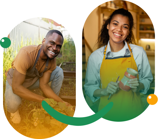 Duas imagens: 1 Agricultor em colheita de produto agrícolas. 2 Mulher empreendedora de avental com objeto de porcelana nas mãos.